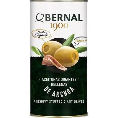 Оливки Bernal Гіганти фаршировані пастою з анчоуса з/б 1440 г,(суха вага 600 г) 6 шт/ящ