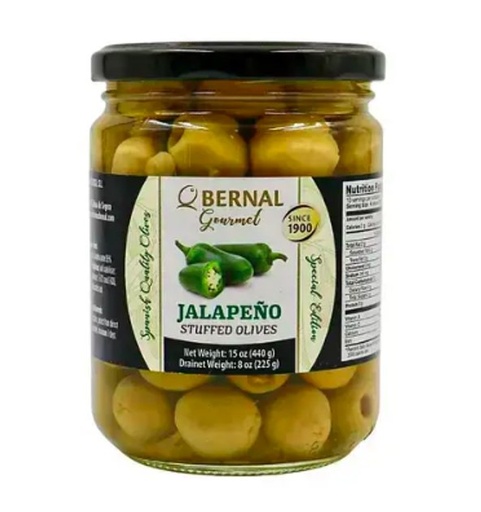 Оливки Bernal Gourmet фаршировані халапеньйо 436 г,(суха вага 250 г) 12 шт/ящ